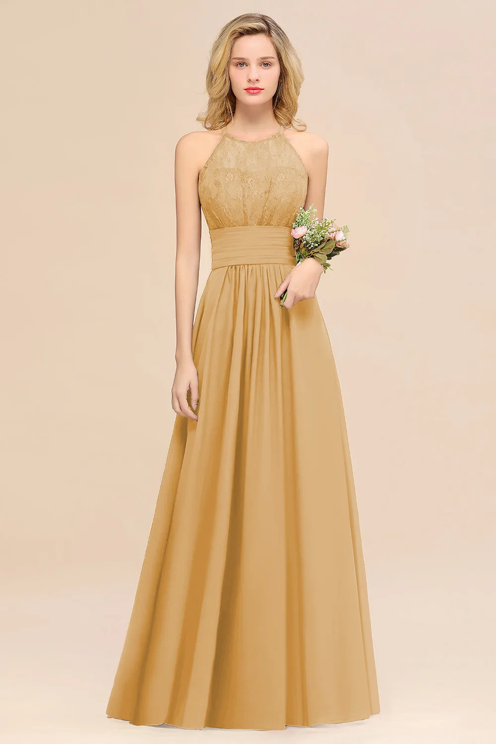 Elegant Halter Ruffles Sleeveless Lace Grape Bridesmaid Dresses