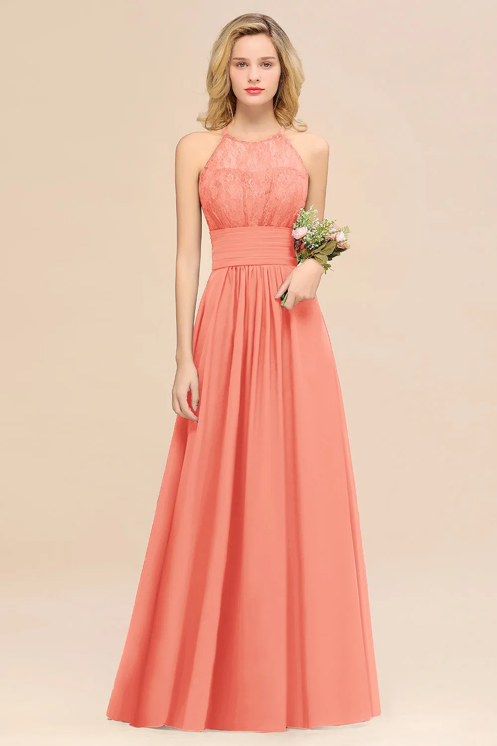 Elegant Halter Ruffles Sleeveless Lace Grape Bridesmaid Dresses