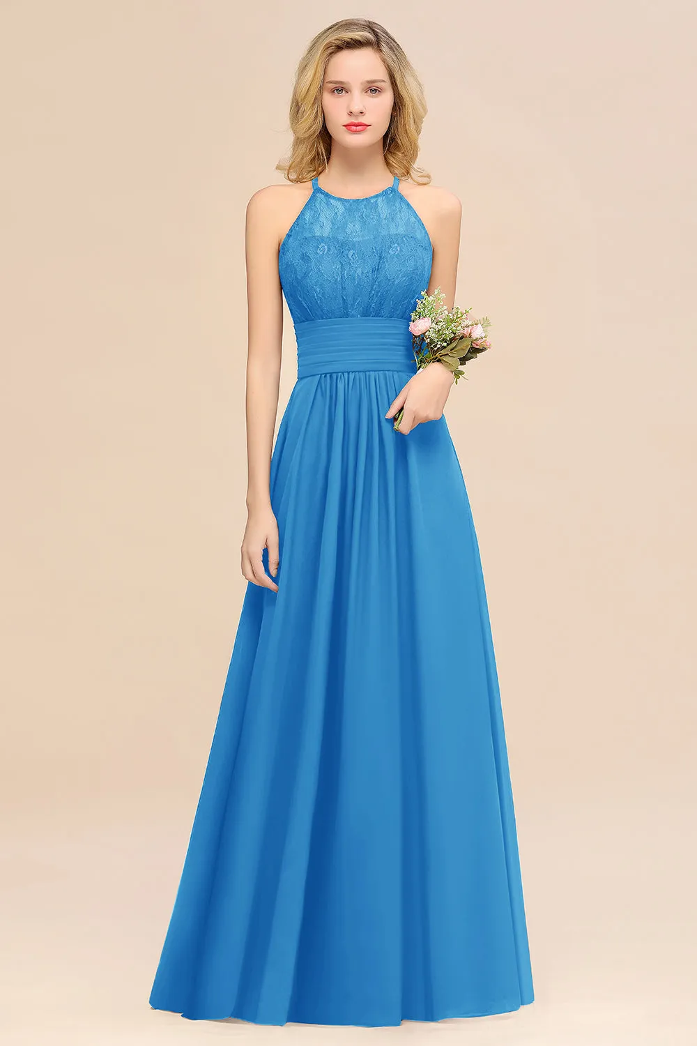 Elegant Halter Ruffles Sleeveless Lace Grape Bridesmaid Dresses
