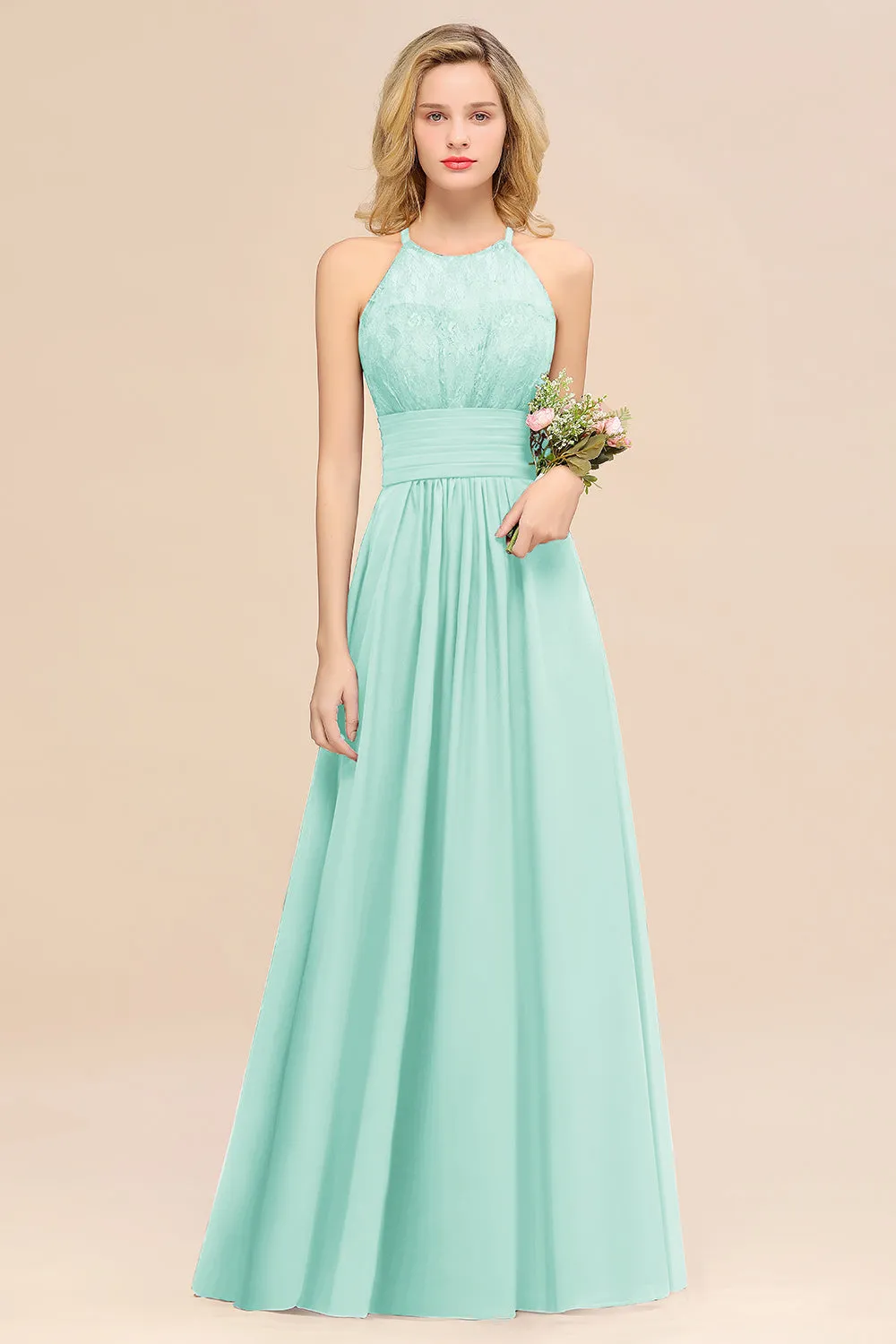 Elegant Halter Ruffles Sleeveless Lace Grape Bridesmaid Dresses