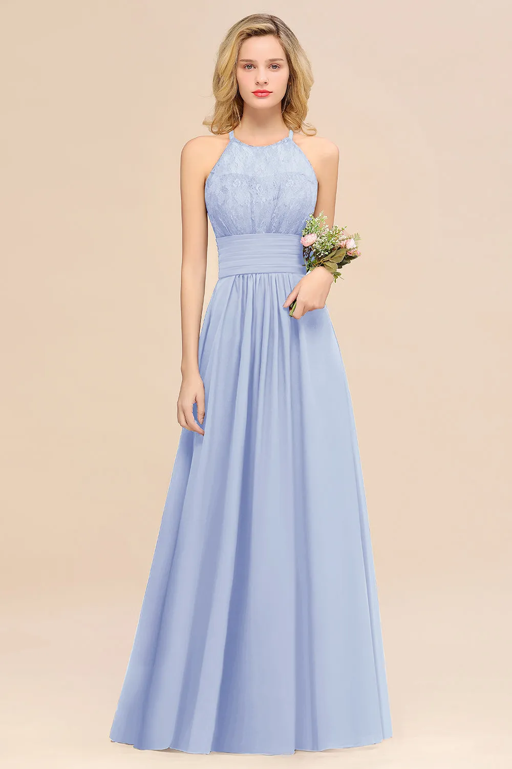 Elegant Halter Ruffles Sleeveless Lace Grape Bridesmaid Dresses