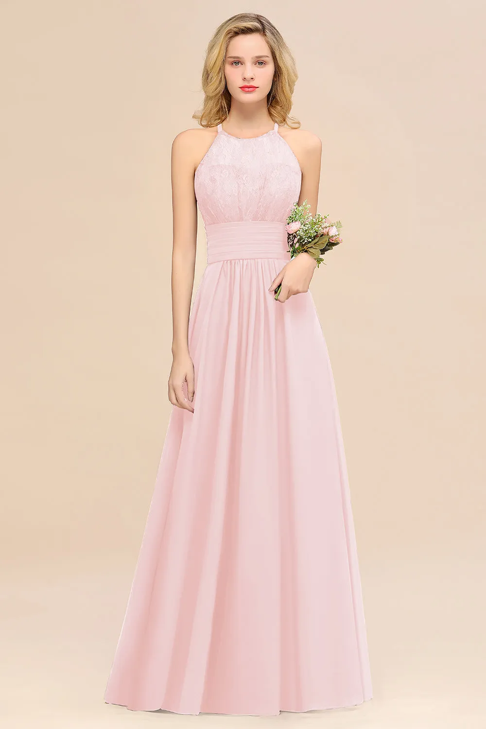 Elegant Halter Ruffles Sleeveless Lace Grape Bridesmaid Dresses