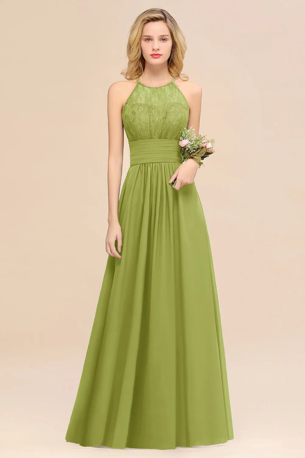 Elegant Halter Ruffles Sleeveless Lace Grape Bridesmaid Dresses