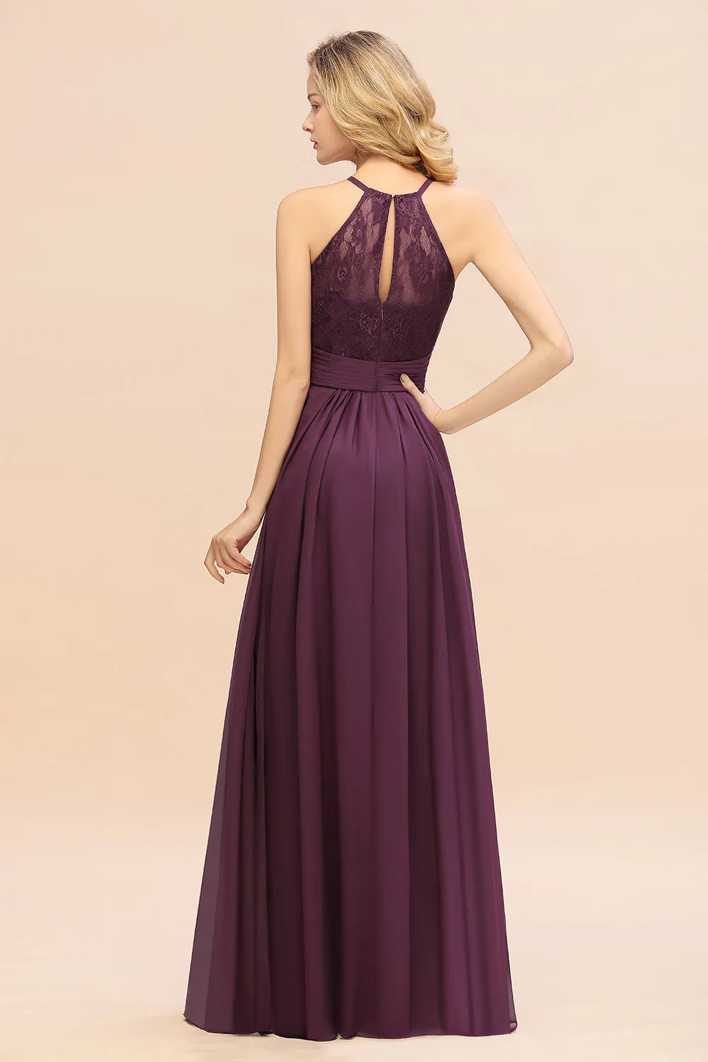 Elegant Halter Ruffles Sleeveless Lace Grape Bridesmaid Dresses