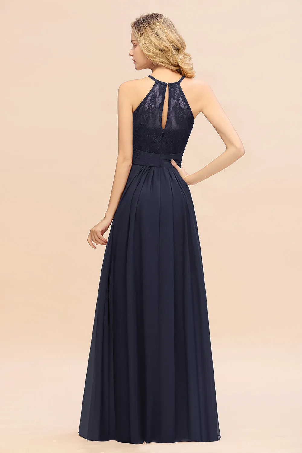 Elegant Halter Ruffles Sleeveless Lace Grape Bridesmaid Dresses