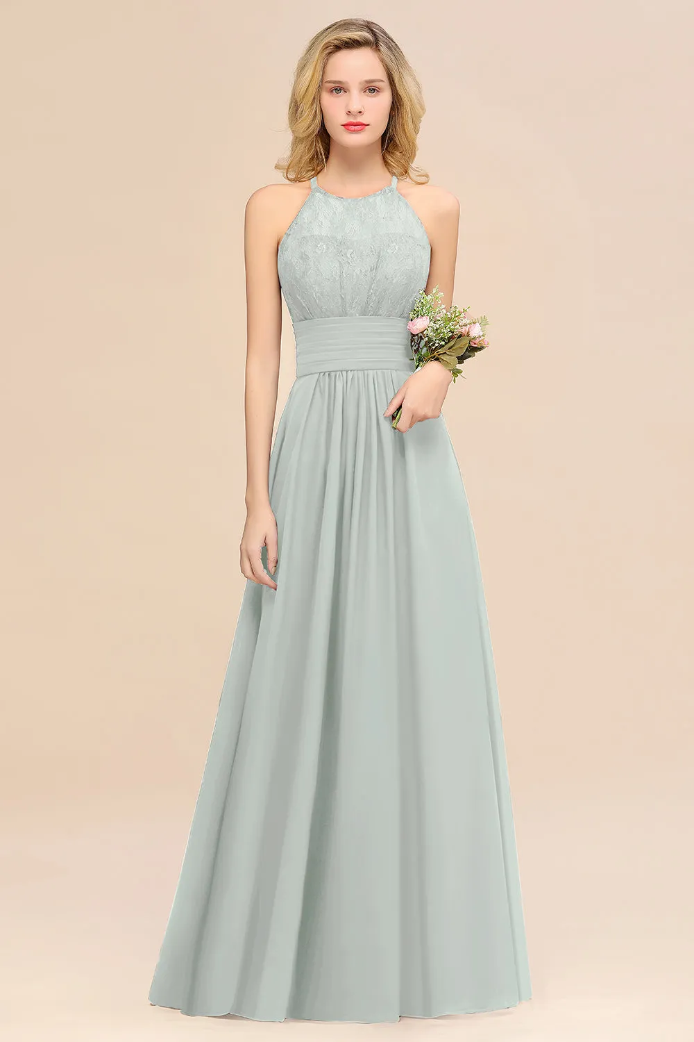 Elegant Halter Ruffles Sleeveless Lace Grape Bridesmaid Dresses