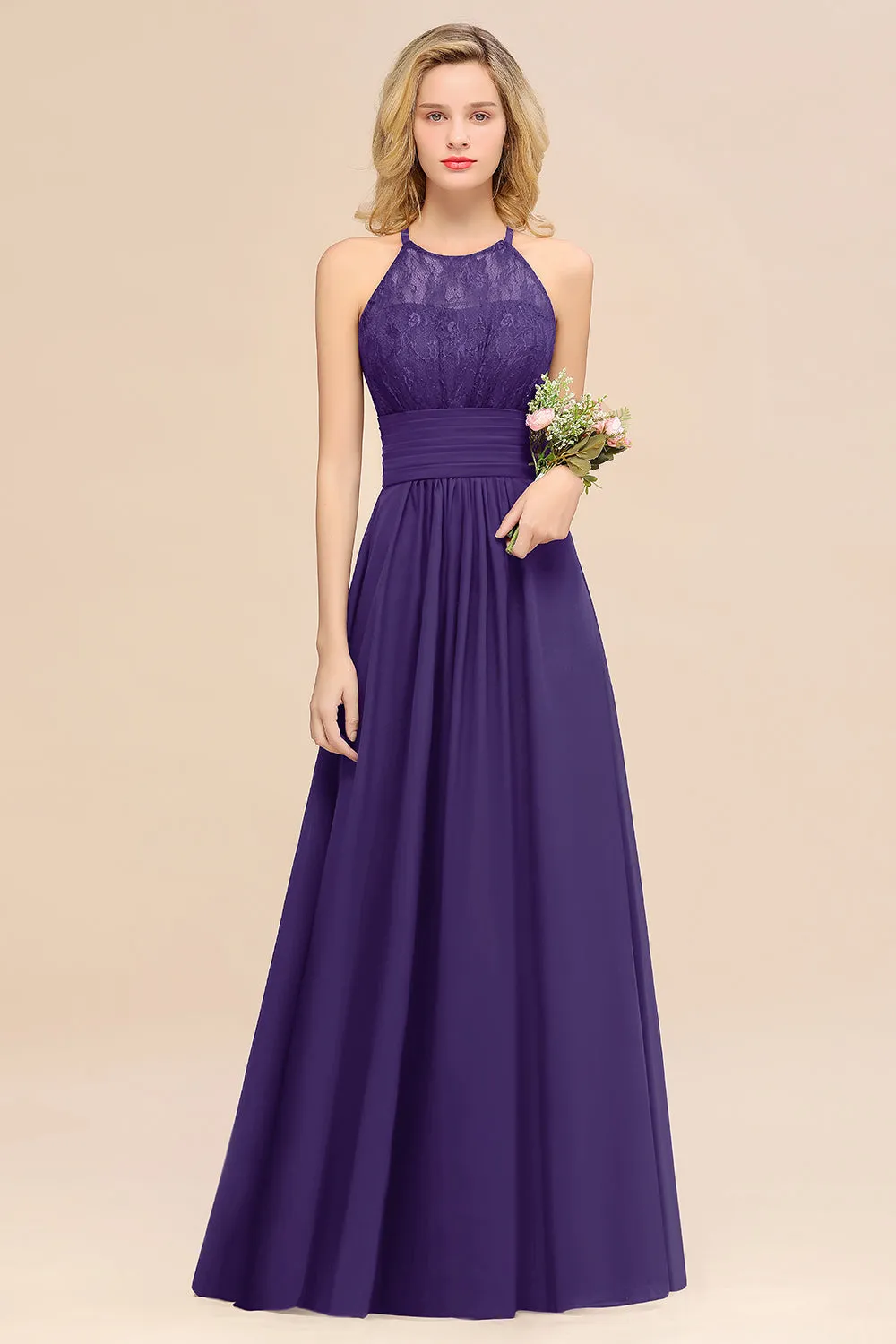 Elegant Halter Ruffles Sleeveless Lace Grape Bridesmaid Dresses