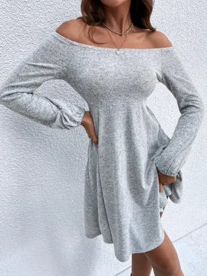 Elegant Plain Long Sleeve Off The Shoulder Flared High Waist Short Dress
