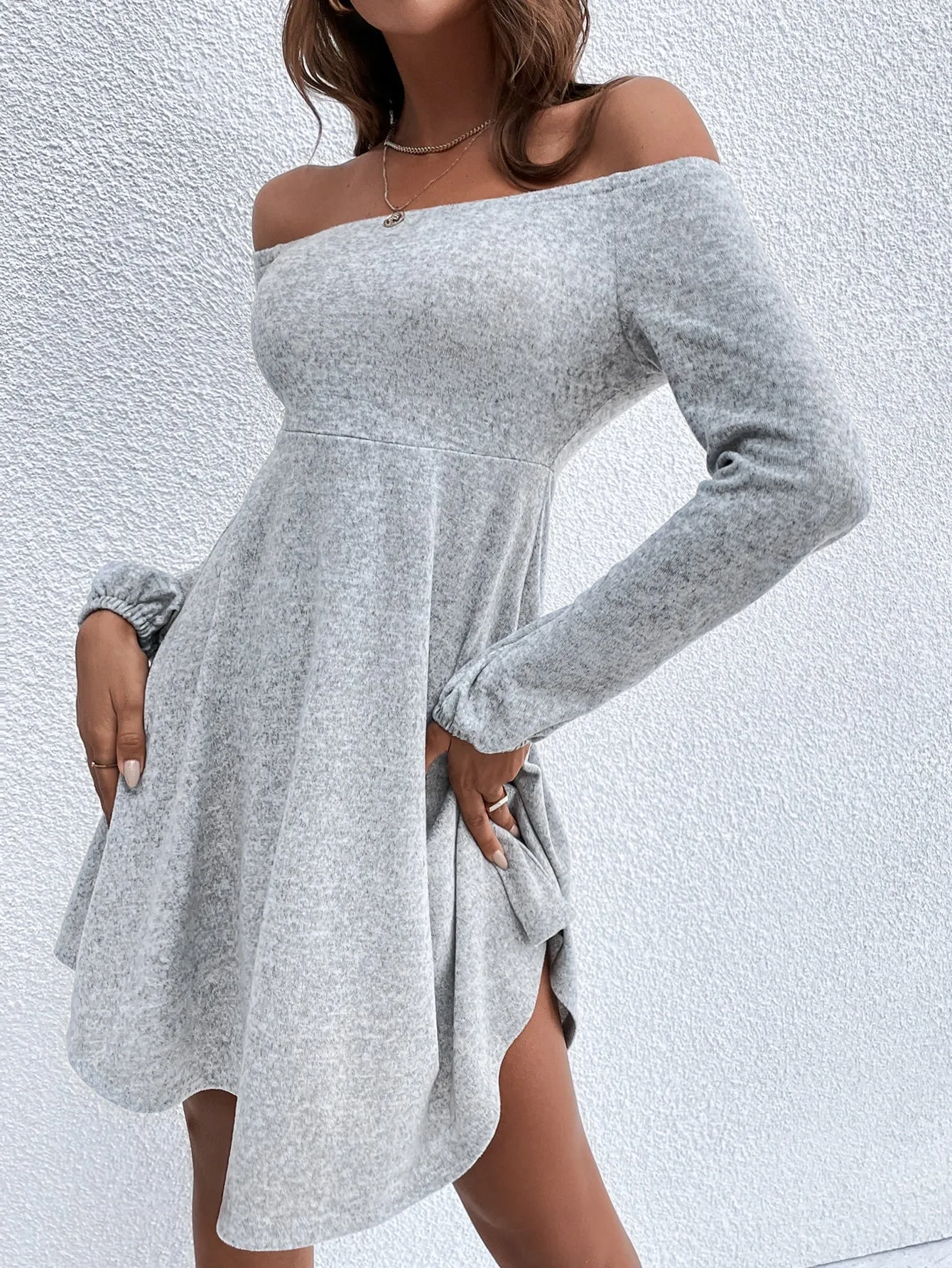 Elegant Plain Long Sleeve Off The Shoulder Flared High Waist Short Dress