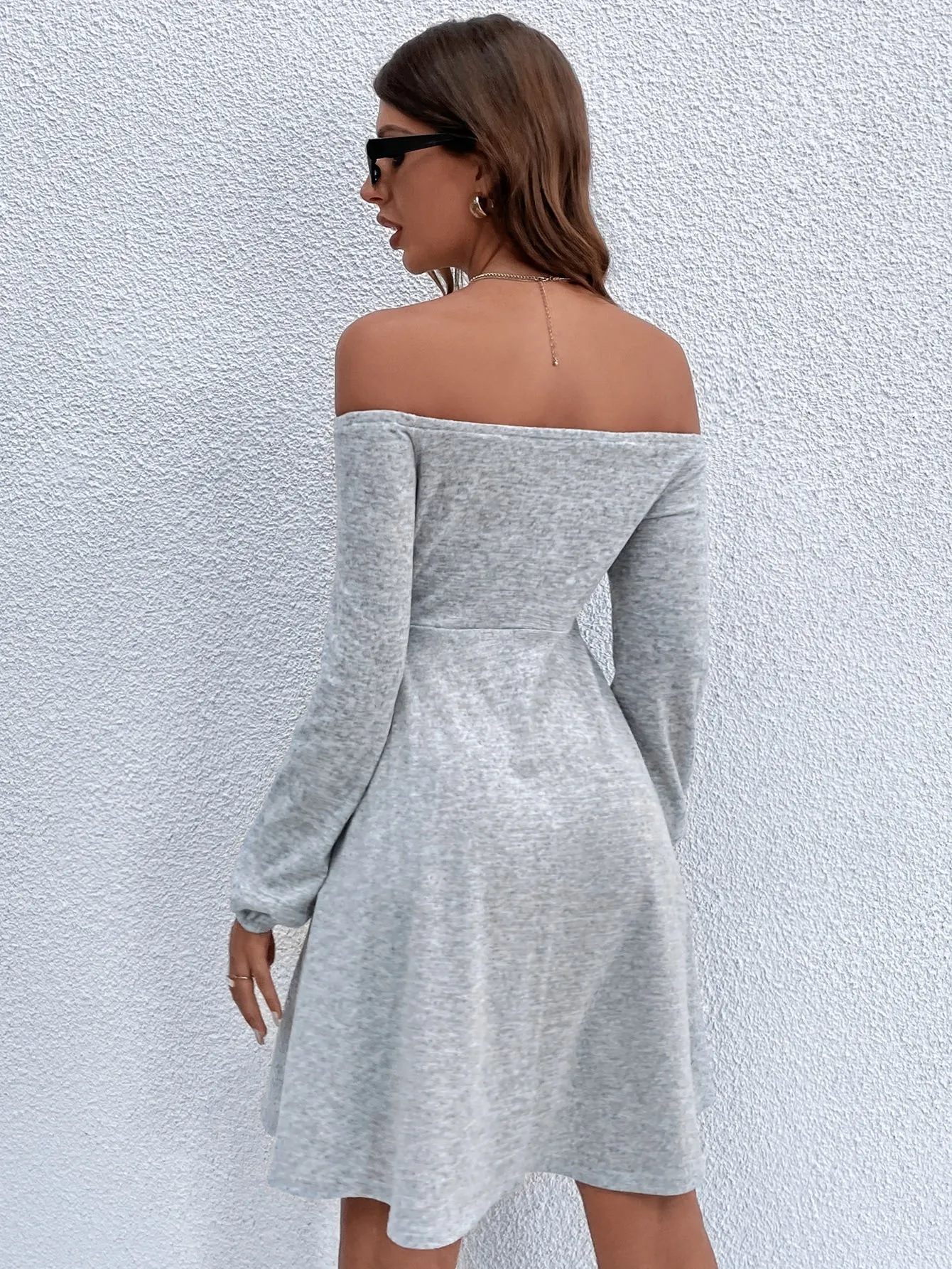 Elegant Plain Long Sleeve Off The Shoulder Flared High Waist Short Dress