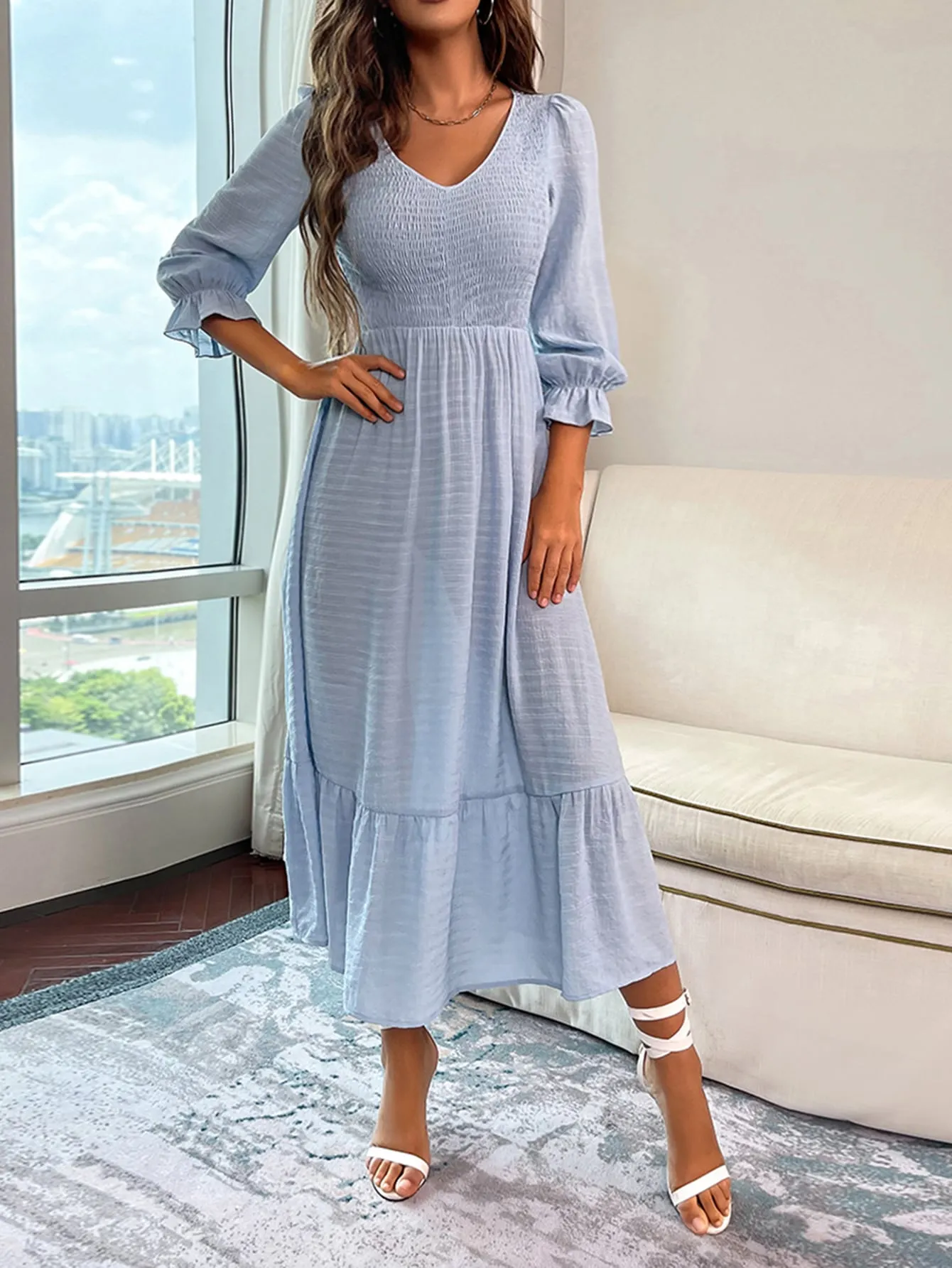 Elegant Plain Ruffle Hem Three Quarter Length Sleeve Scoop Neck Flounce High Waist Long Dress