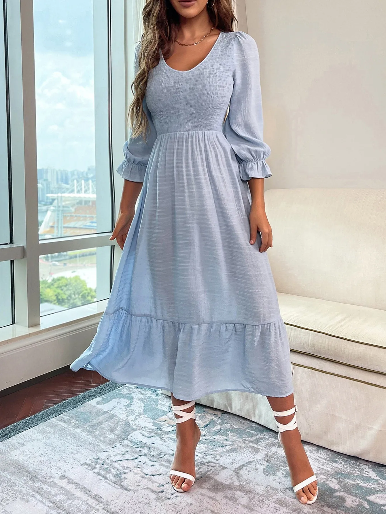 Elegant Plain Ruffle Hem Three Quarter Length Sleeve Scoop Neck Flounce High Waist Long Dress