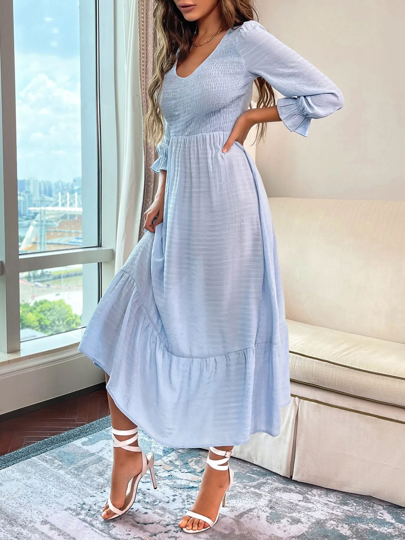 Elegant Plain Ruffle Hem Three Quarter Length Sleeve Scoop Neck Flounce High Waist Long Dress