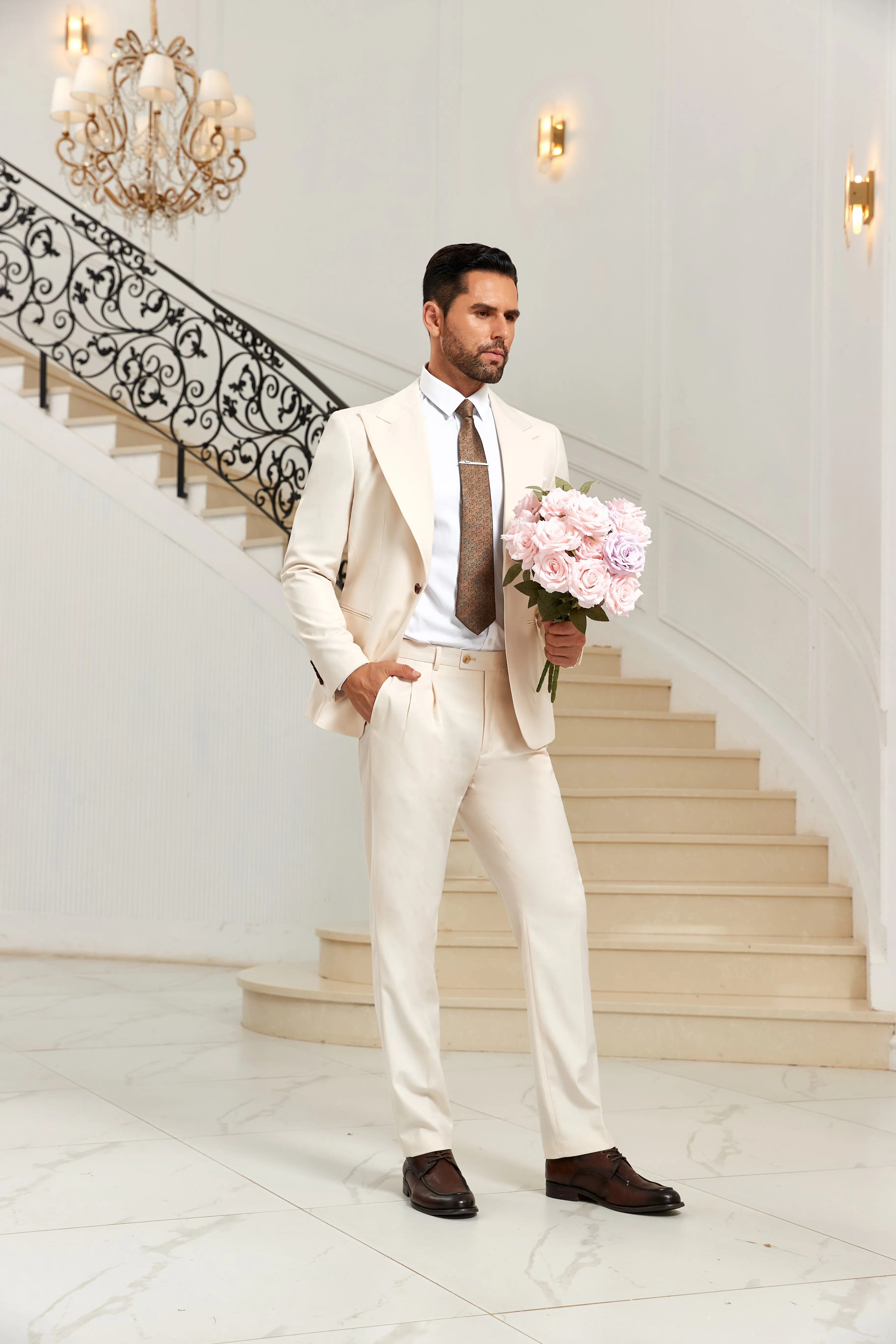 Elegant White Peak Lapel 2 Pieces Men's Suits Jacket Pants 2591