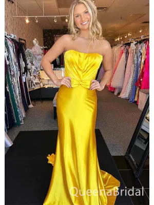 Elegant Yellow Pleats Strapless Mermaid Long Evening Prom Dresses,WGP510