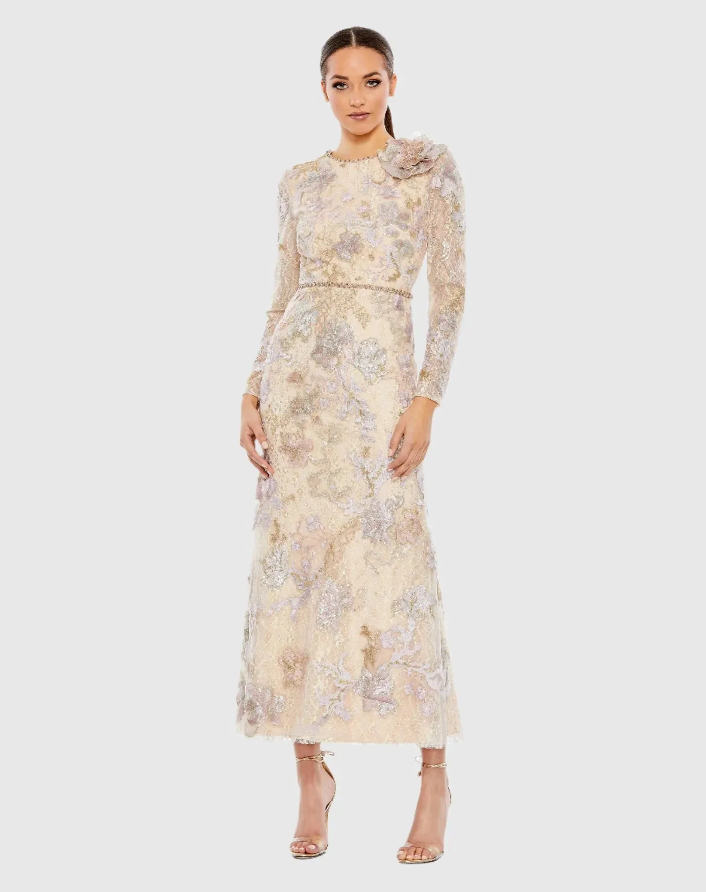 Embellished high neck long sleeve modest dress - Nude