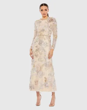 Embellished high neck long sleeve modest dress - Nude