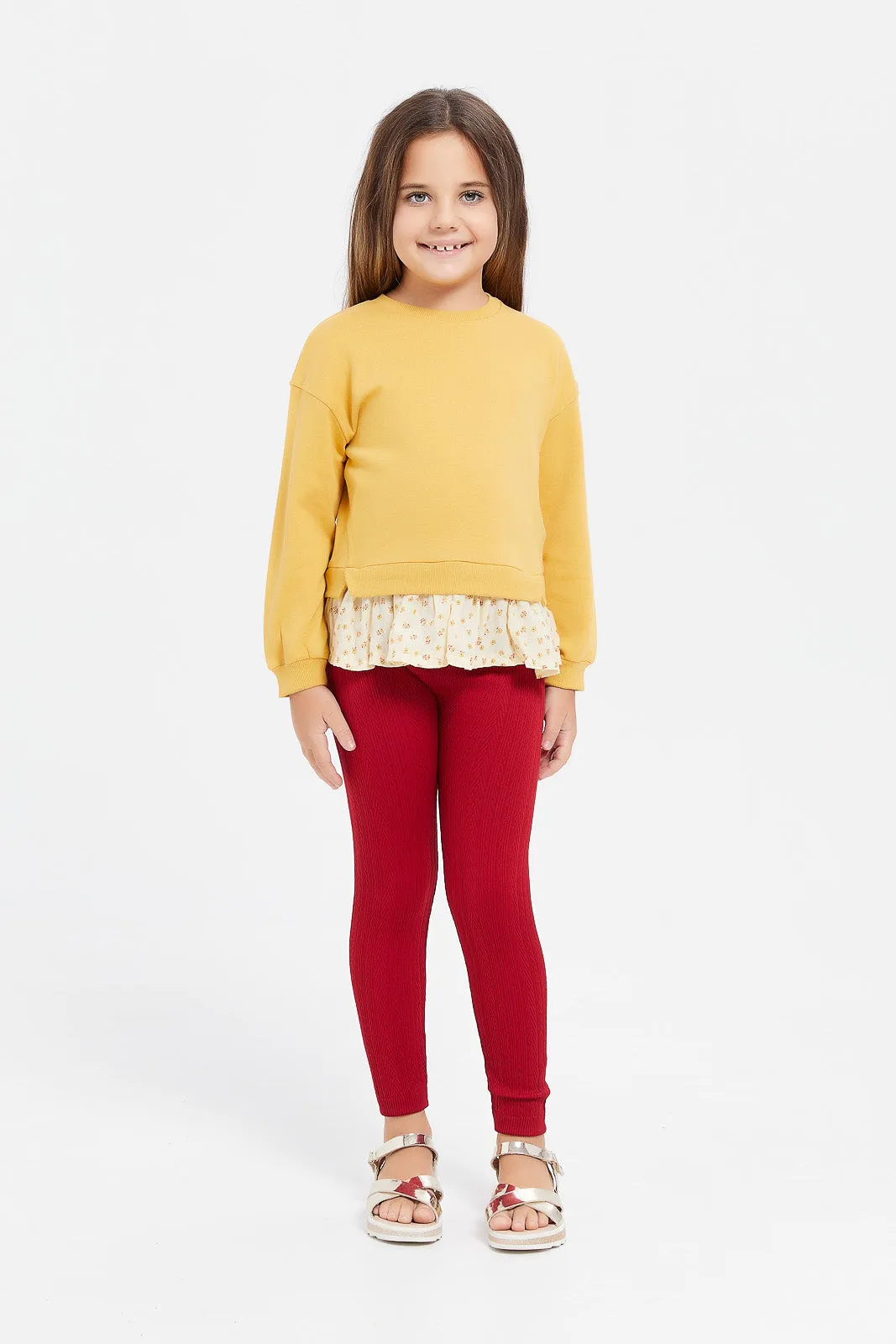 Girls Mustard Sweatshirt With Woven Ruffles Bottom