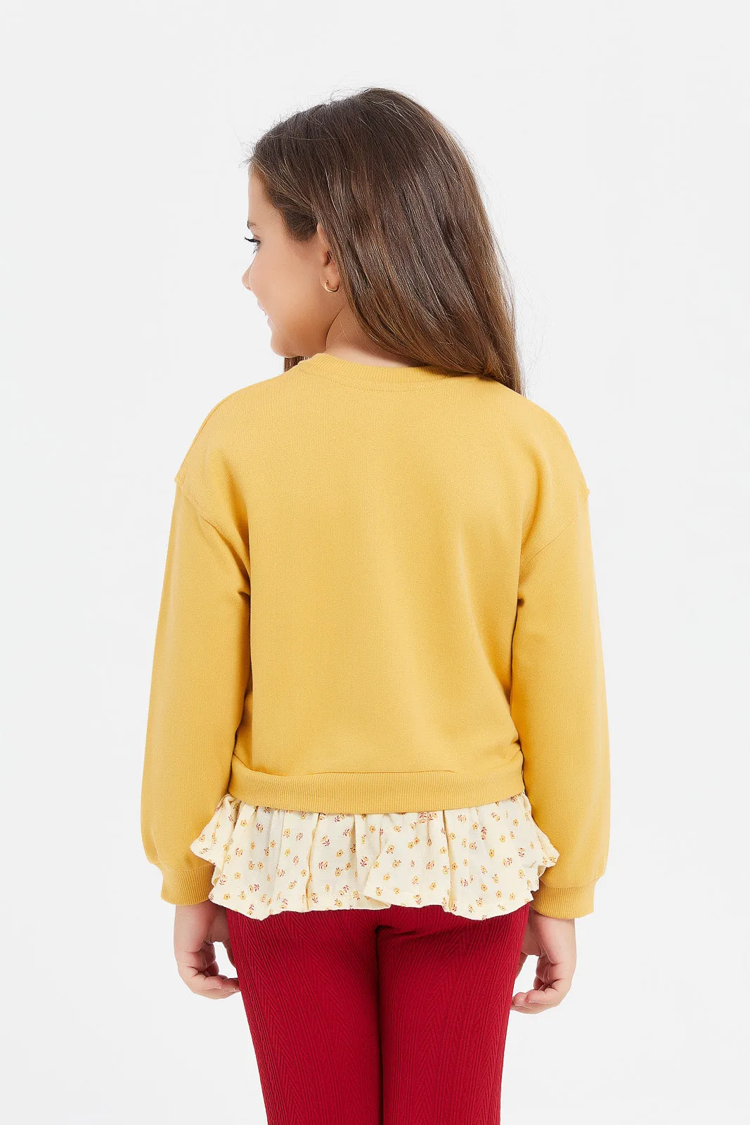 Girls Mustard Sweatshirt With Woven Ruffles Bottom
