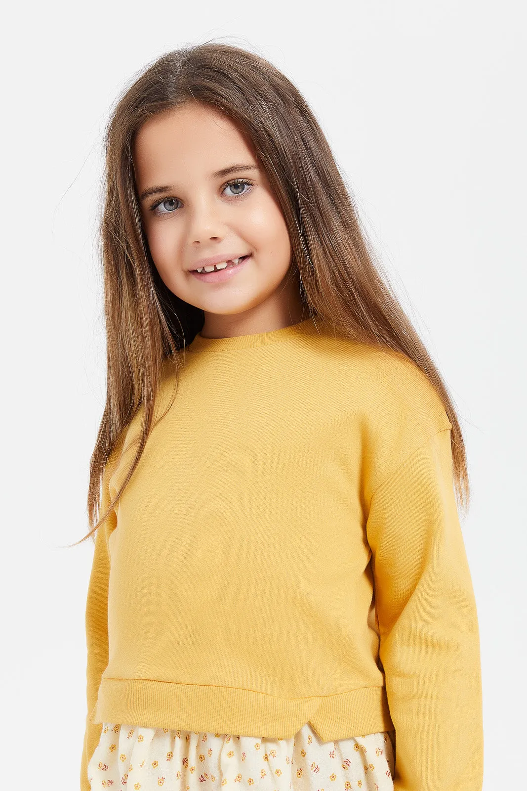Girls Mustard Sweatshirt With Woven Ruffles Bottom