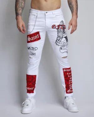 Graffiti Ripped White Jeans with Cashew Flower Elements-Mexico Local Delivery