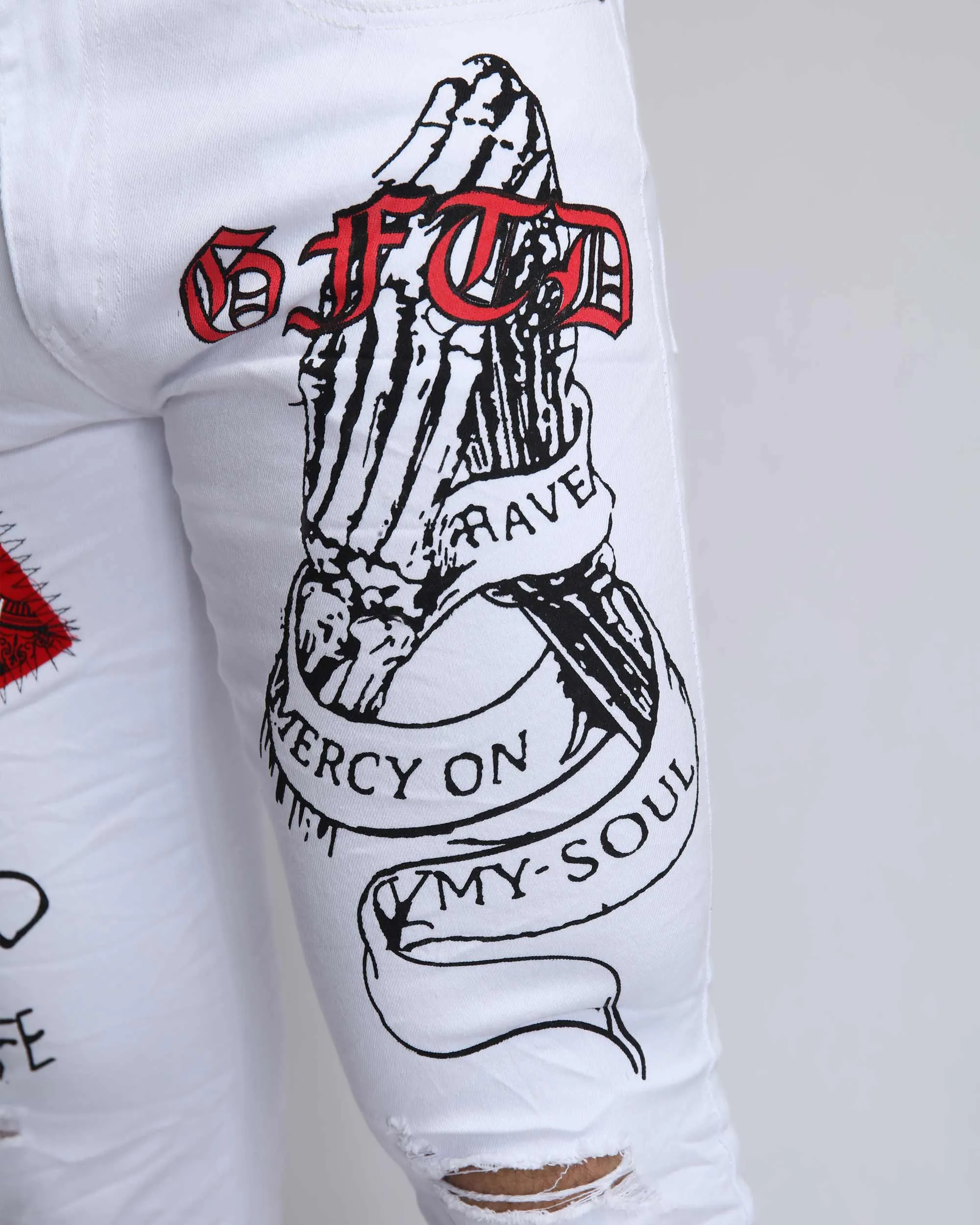 Graffiti Ripped White Jeans with Cashew Flower Elements-Mexico Local Delivery