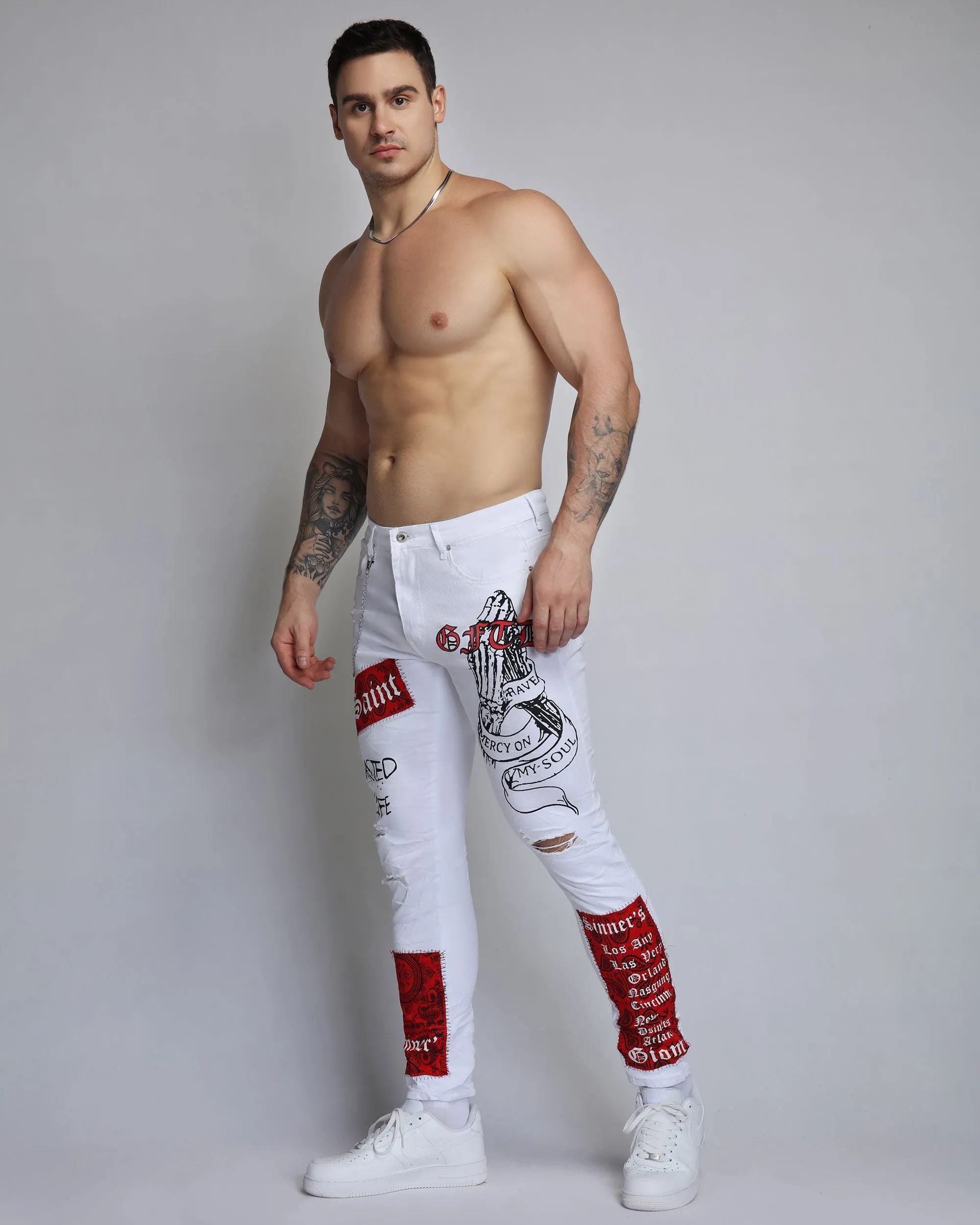 Graffiti Ripped White Jeans with Cashew Flower Elements-Mexico Local Delivery