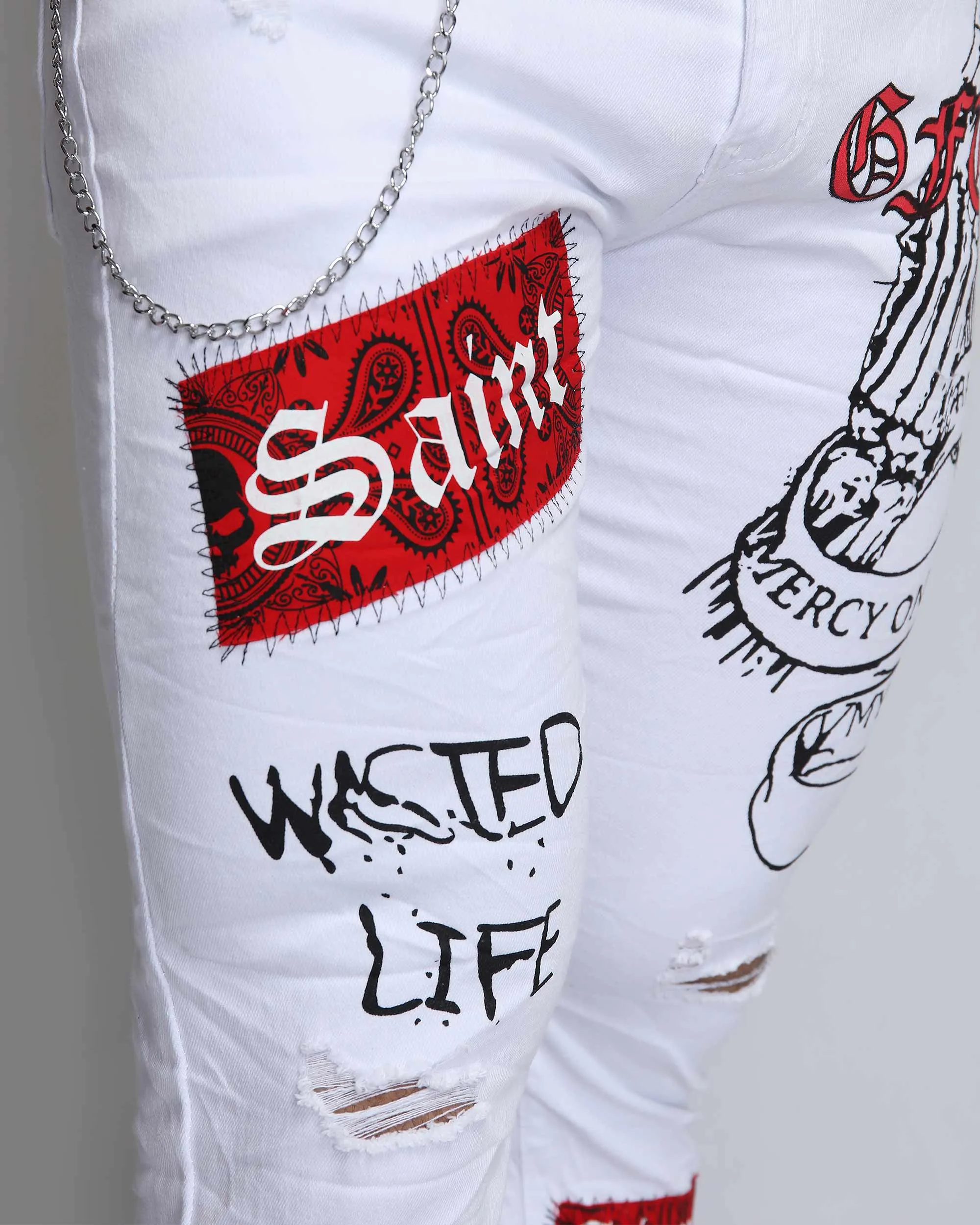 Graffiti Ripped White Jeans with Cashew Flower Elements-Mexico Local Delivery