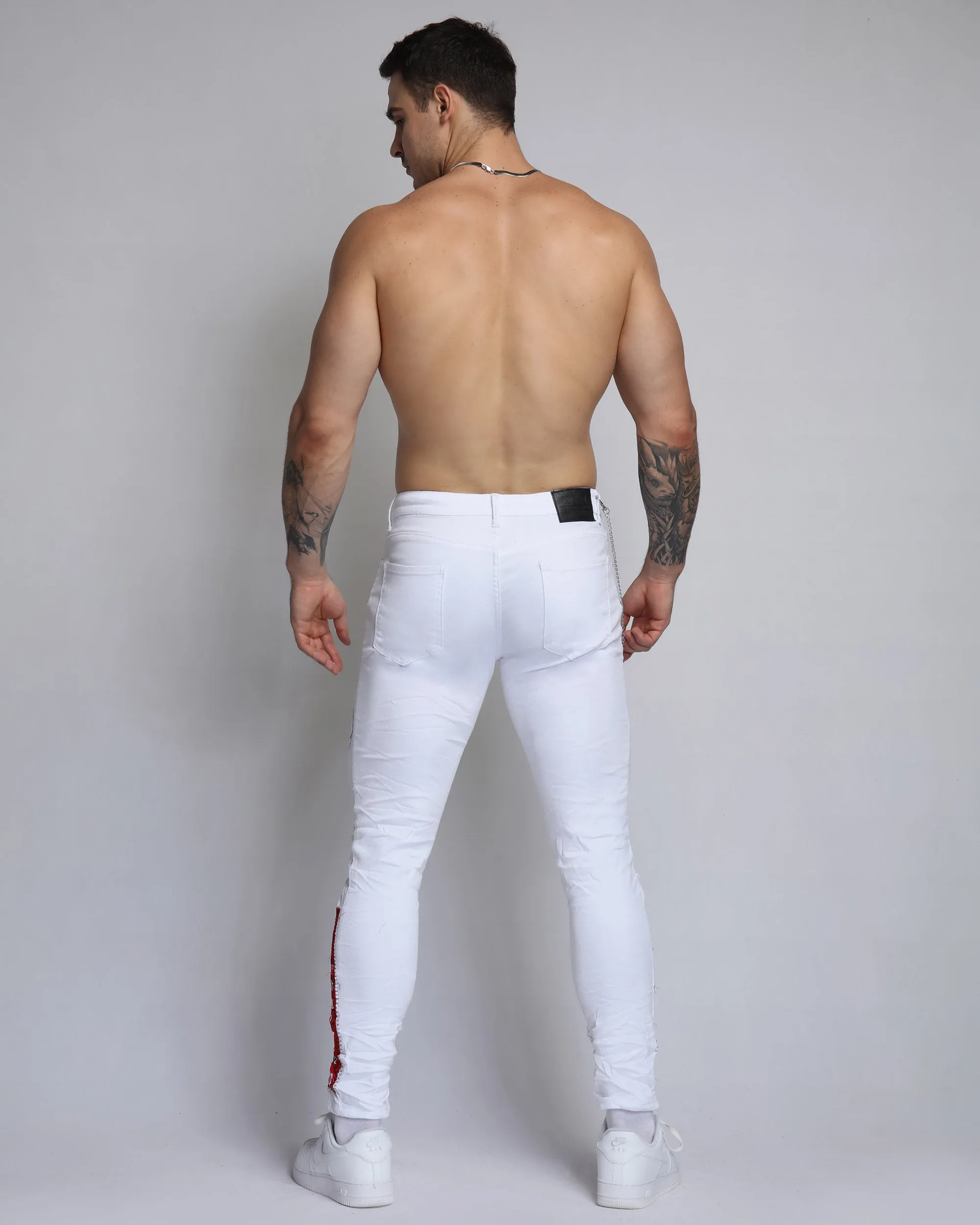 Graffiti Ripped White Jeans with Cashew Flower Elements-Mexico Local Delivery