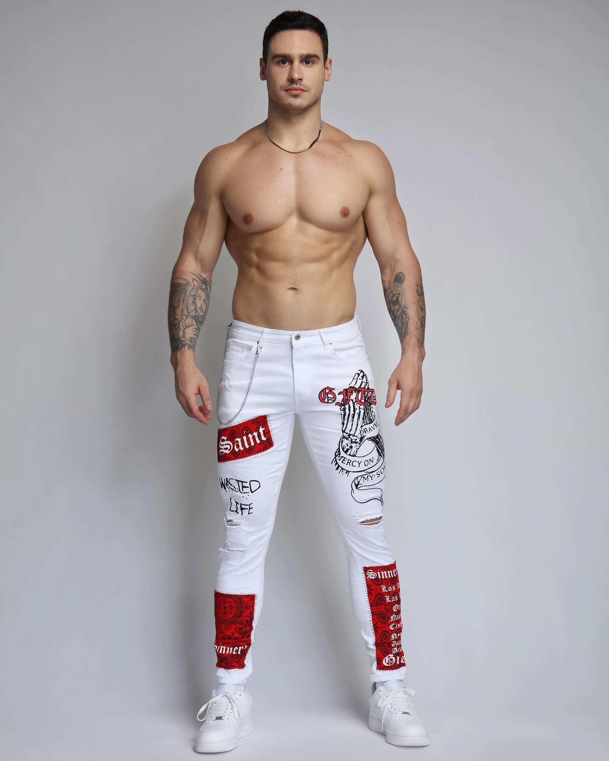 Graffiti Ripped White Jeans with Cashew Flower Elements-Mexico Local Delivery