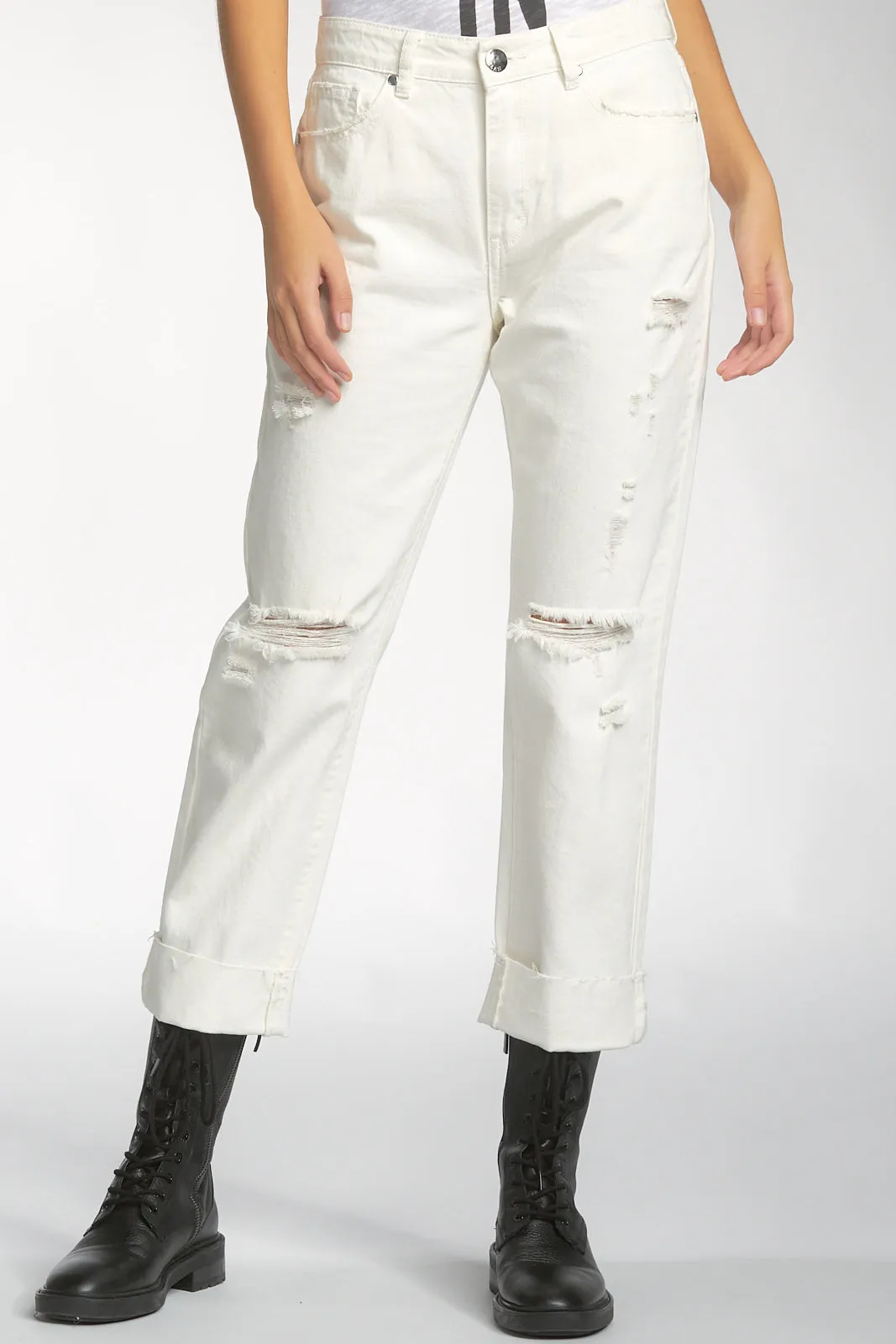 High Rise Boyfriend Jeans with Rips and Cuff Hem
