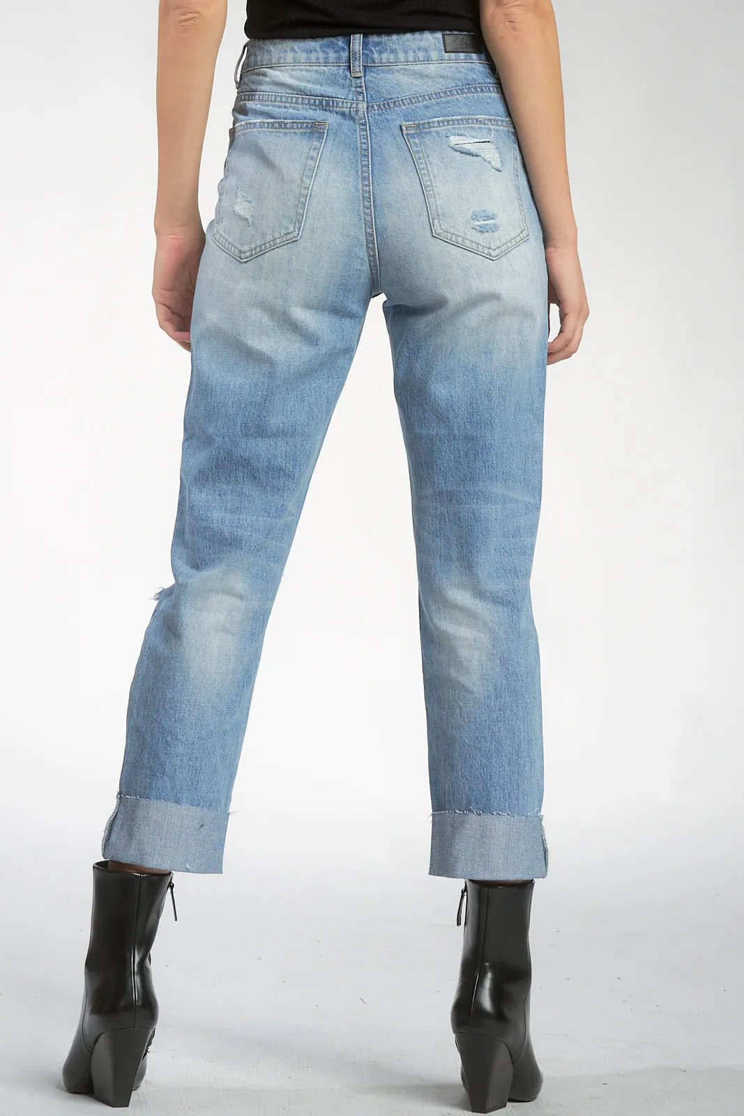 High Rise Boyfriend Jeans with Rips and Cuff Hem