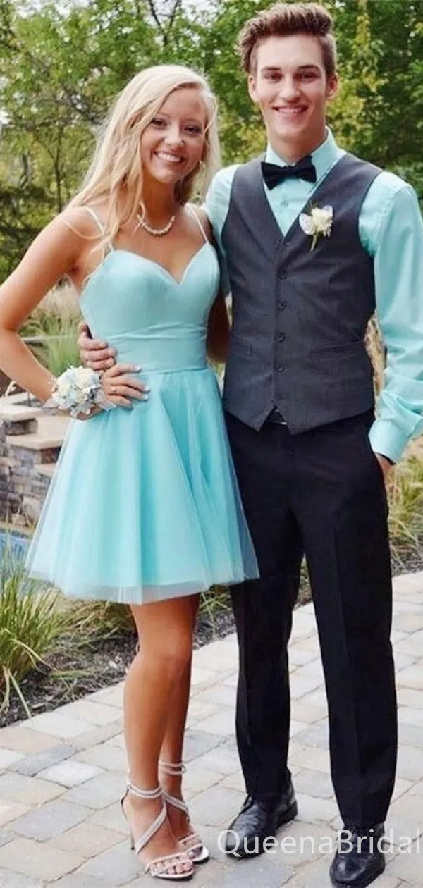 Light Blue Sweetheart Spaghetti Straps A-line Graduation Party Short Homecoming Dresses, QB0777