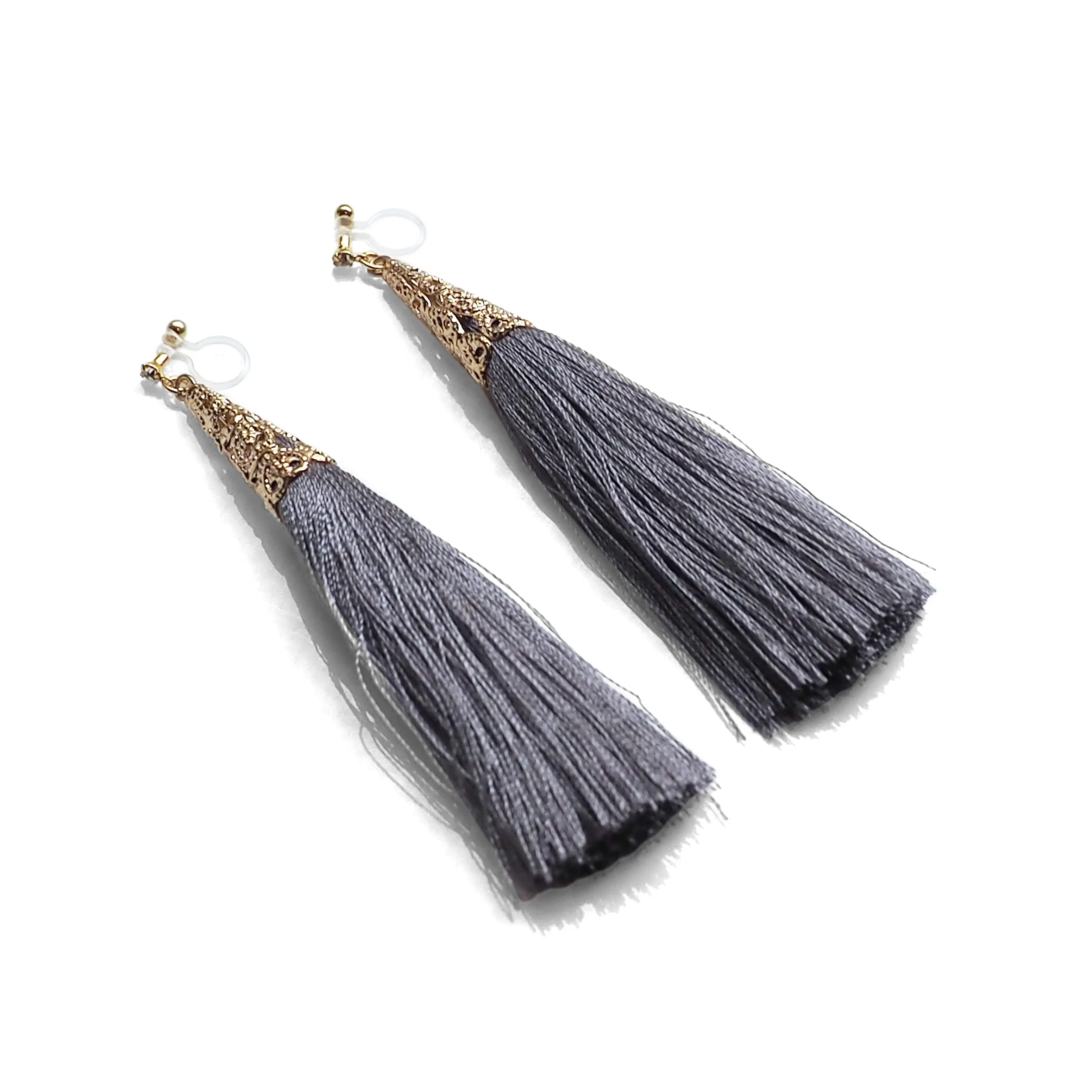 Long Gray Tassel Invisible Clip On Earrings