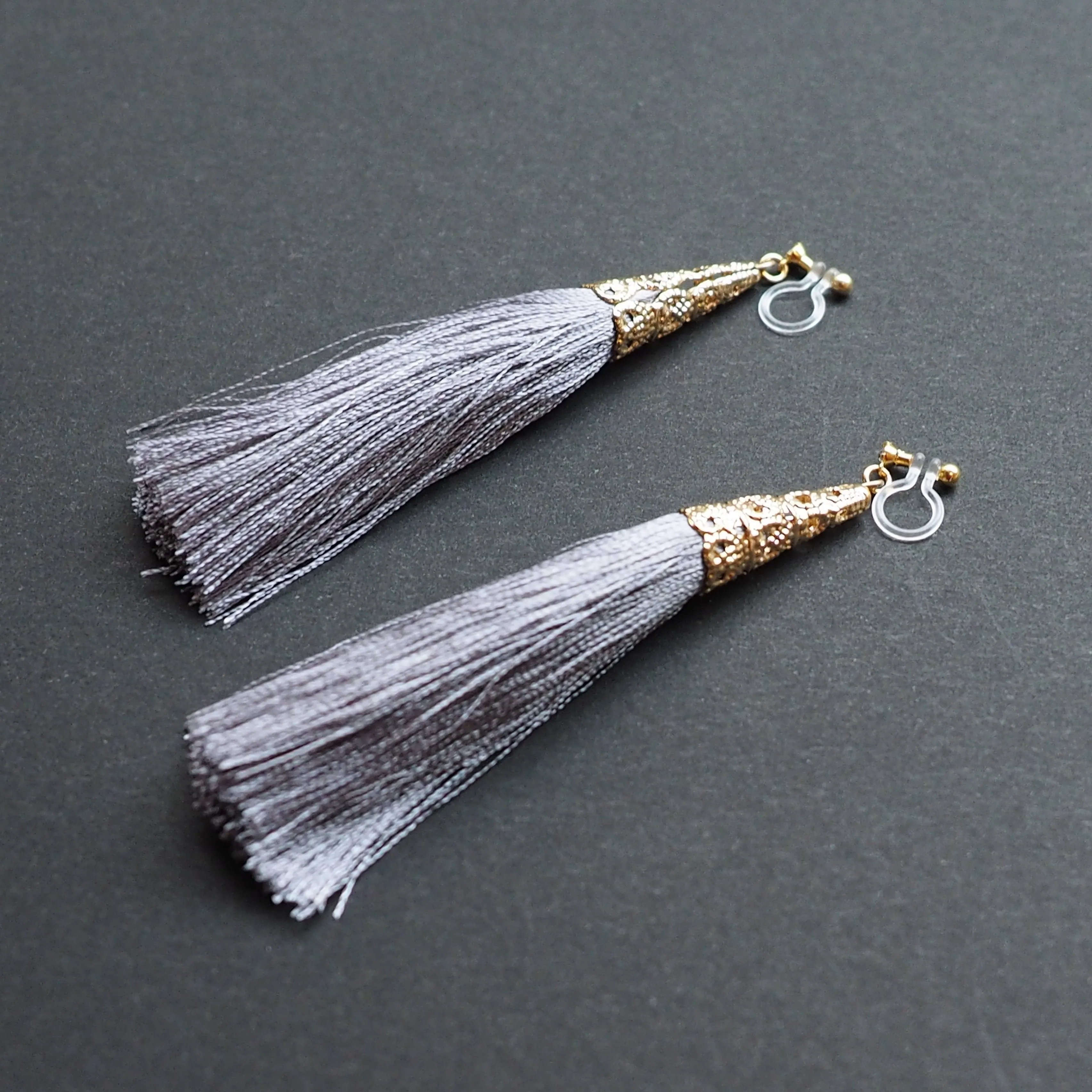 Long Gray Tassel Invisible Clip On Earrings