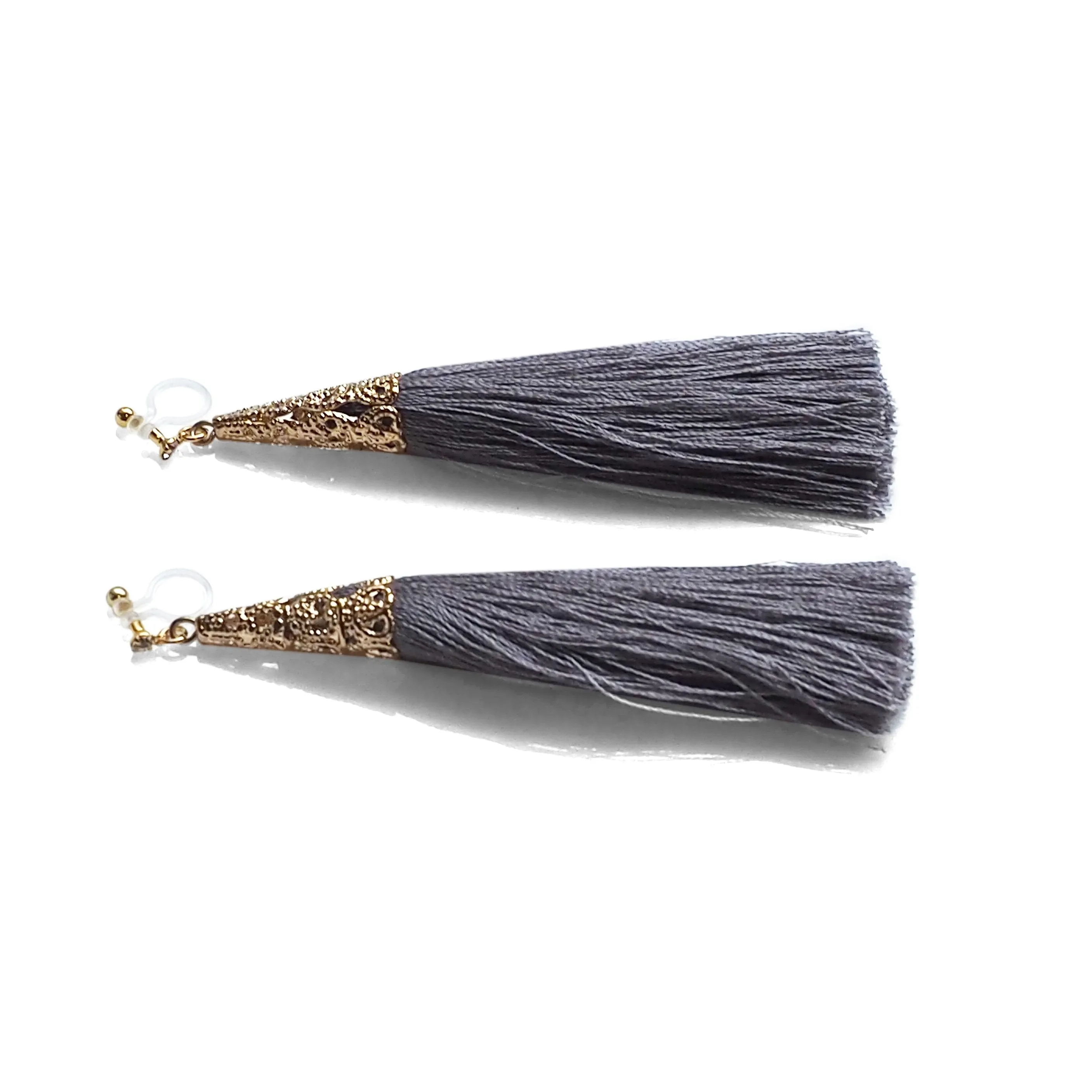 Long Gray Tassel Invisible Clip On Earrings