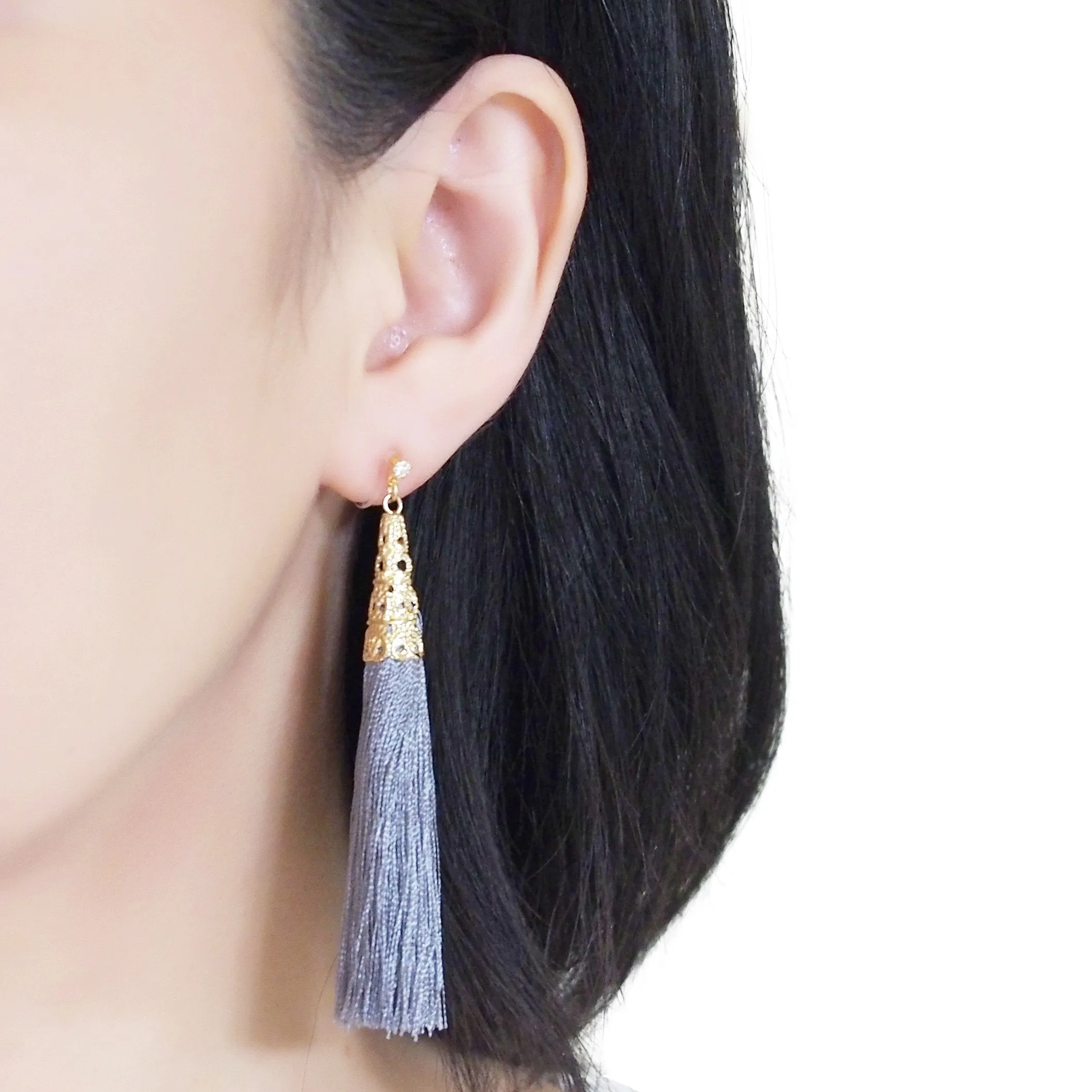 Long Gray Tassel Invisible Clip On Earrings