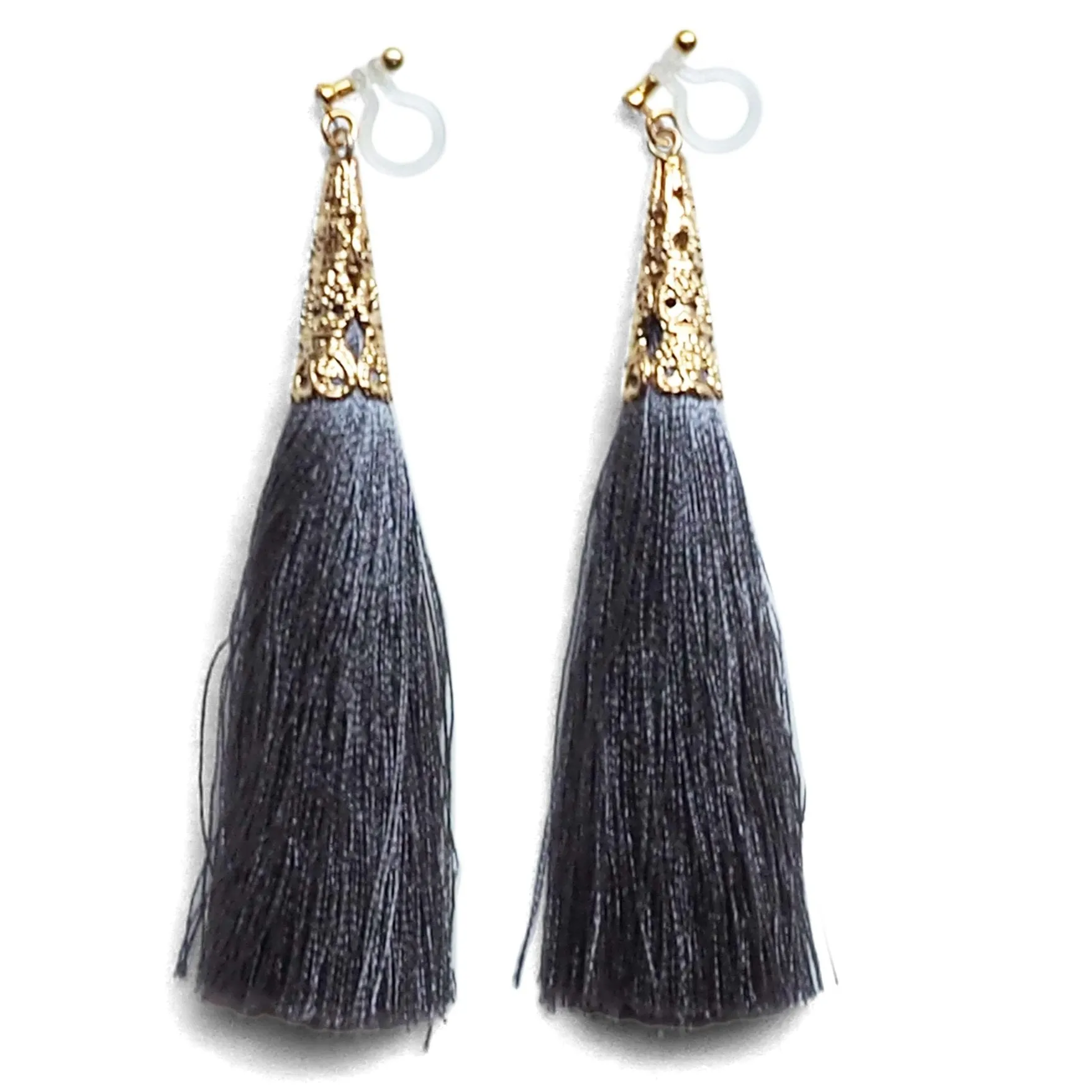 Long Gray Tassel Invisible Clip On Earrings