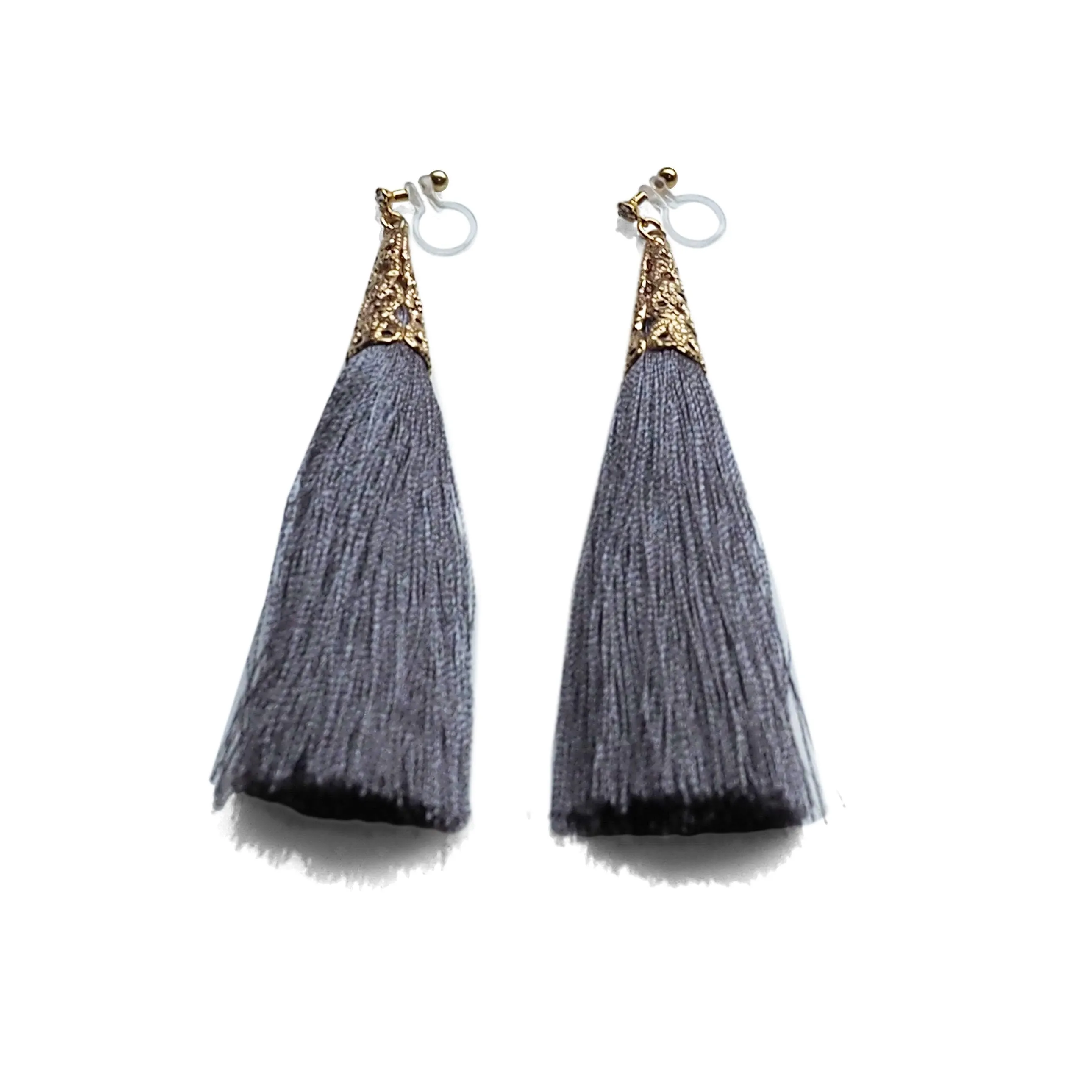 Long Gray Tassel Invisible Clip On Earrings