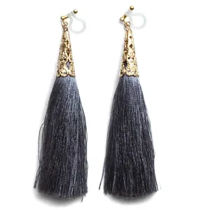 Long Gray Tassel Invisible Clip On Earrings