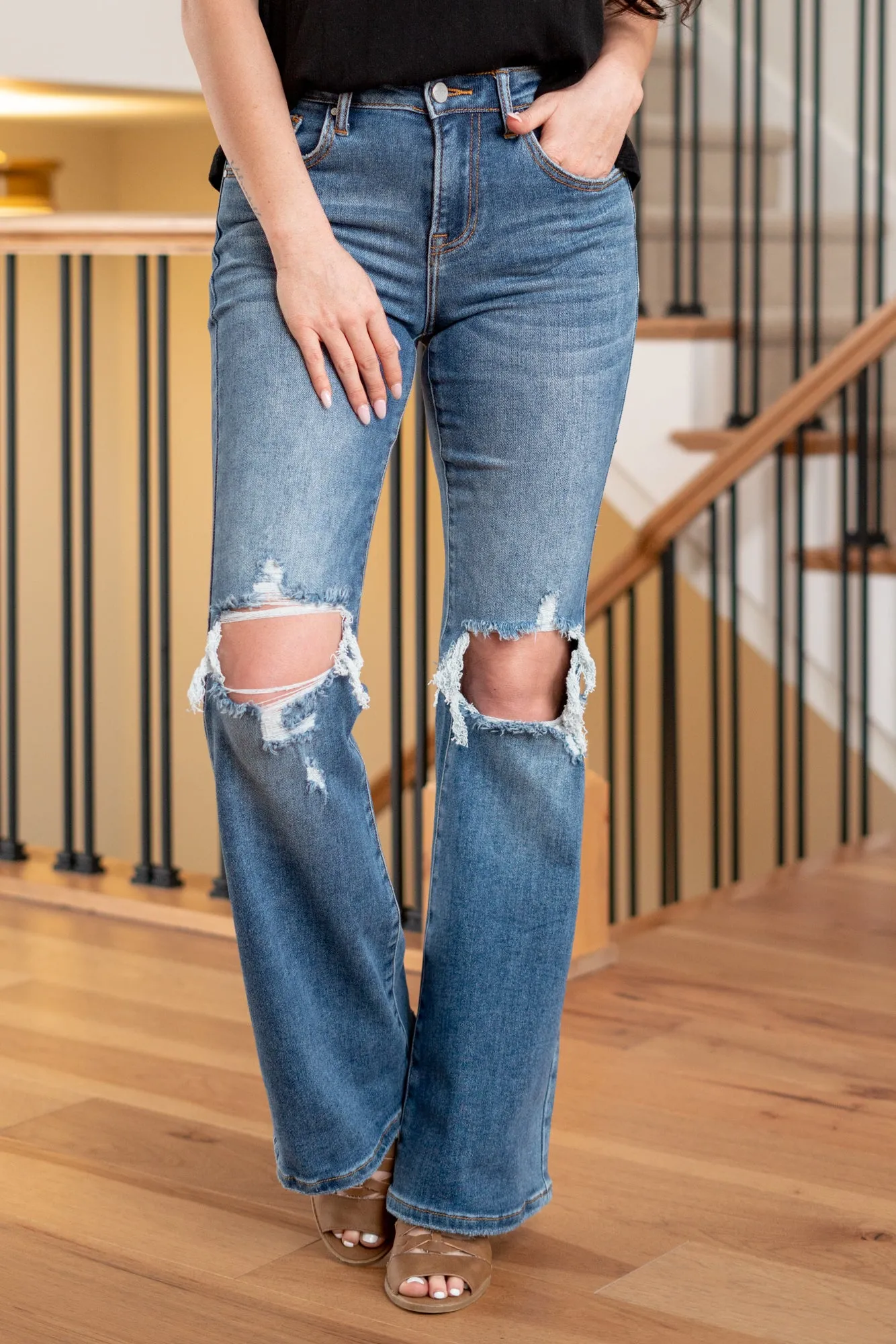 Maeve Mid Rise Distressed Flare