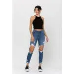 MEDIUM DENIM HIGH-RISE DISTRESSED WAISTED MOM JEANS