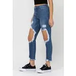 MEDIUM DENIM HIGH-RISE DISTRESSED WAISTED MOM JEANS