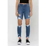 MEDIUM DENIM HIGH-RISE DISTRESSED WAISTED MOM JEANS