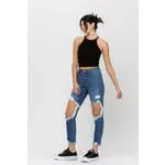 MEDIUM DENIM HIGH-RISE DISTRESSED WAISTED MOM JEANS
