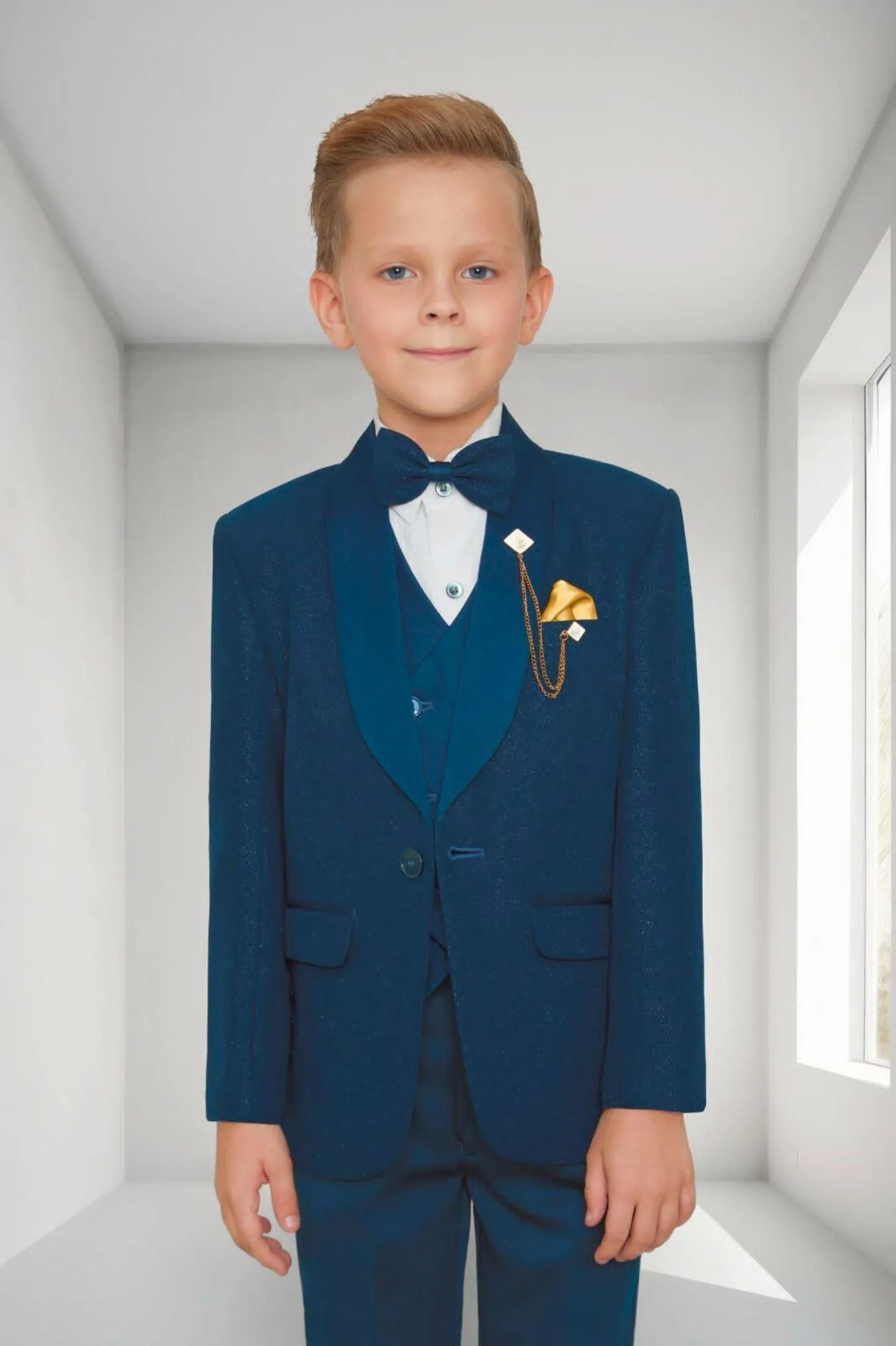 Navy Blue Tuxedo Set With White Shirt For Boys