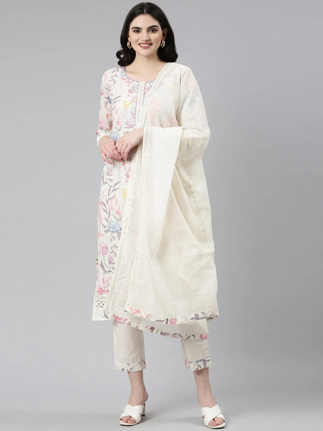 Neeru's Cream Regular Straight Printed Readymade suits