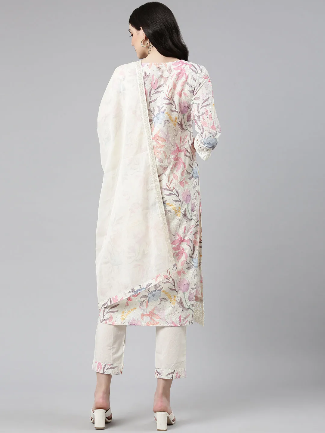 Neeru's Cream Regular Straight Printed Readymade suits