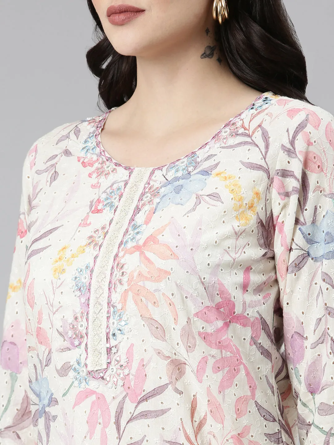Neeru's Cream Regular Straight Printed Readymade suits