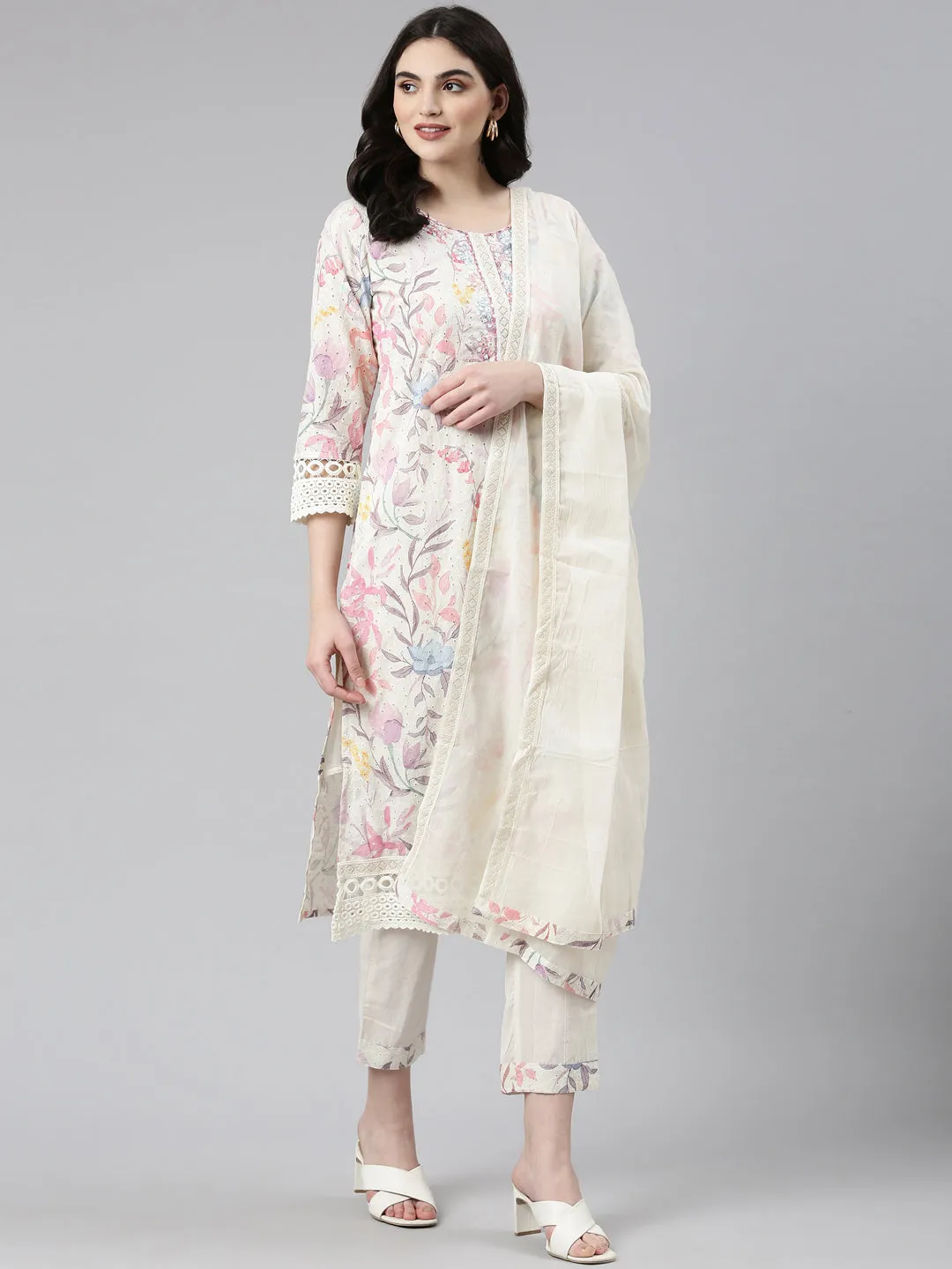 Neeru's Cream Regular Straight Printed Readymade suits